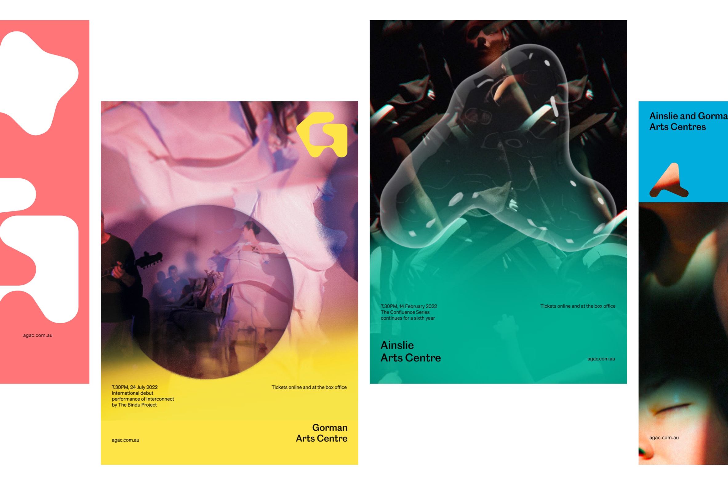 Four posters for Ainslie and Gorman Arts Centres, side by side.