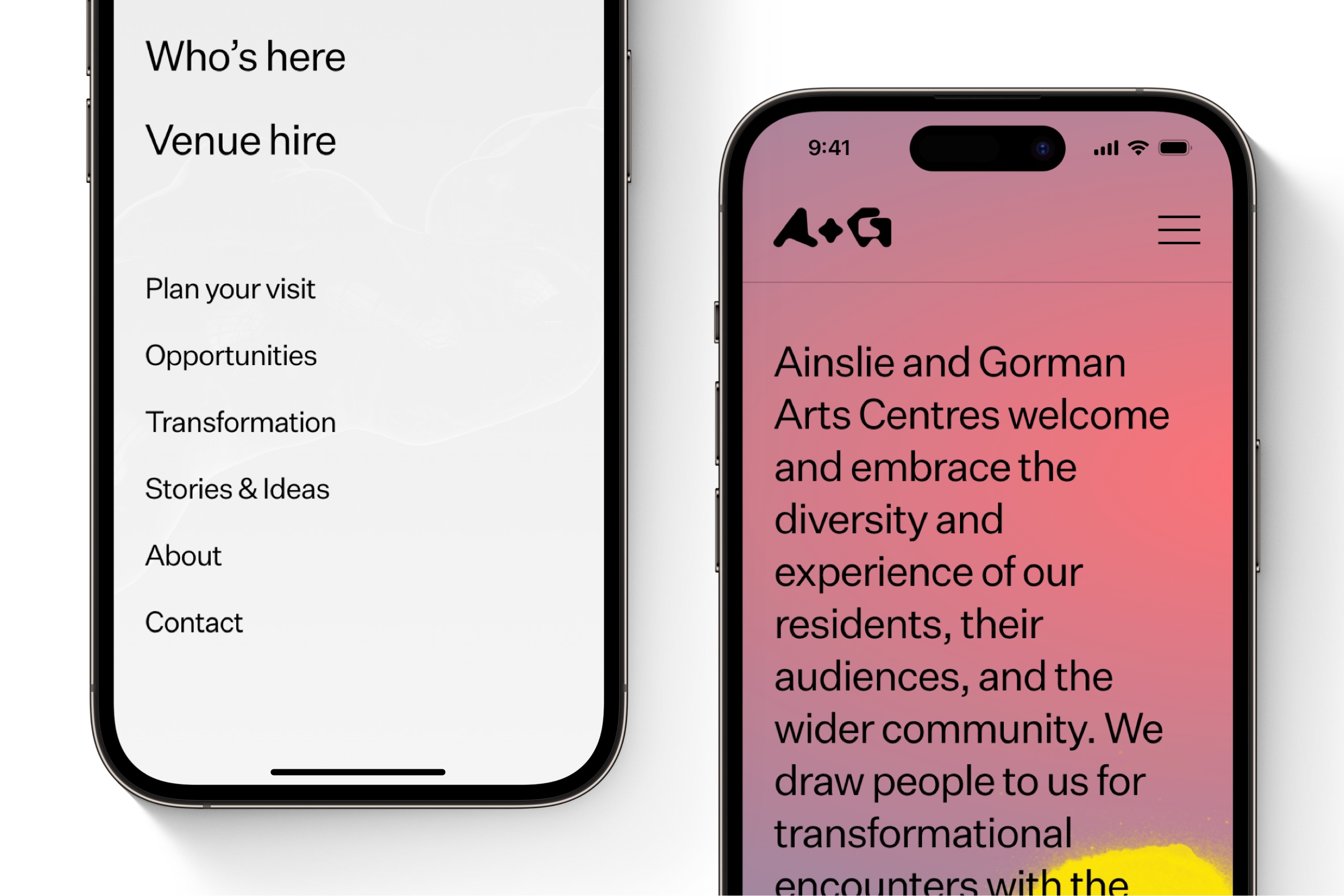 Two iPhones, one displaying the homepage of the Ainslie and Gorman Arts Centres website and the other displaying the navigation menu.